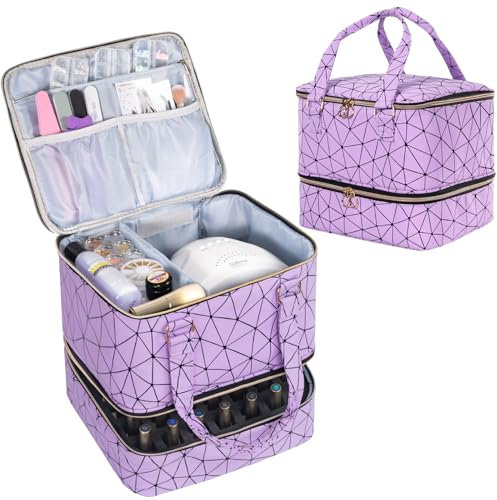 Uross Nagellack Organizer für 42 Nagellackflaschen und 1 LED-Nagellampe, Nagellack Aufbewahrung Tasche für Nageldesign Zubehör(Violett)