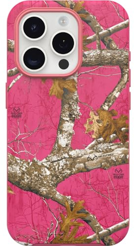 OtterBox iPhone 15 Pro (Only) Symmetry Series Case - REALTREE FLAMINGO PINK, snaps to MagSafe, ultra-sleek, raised edges protect camera & screen