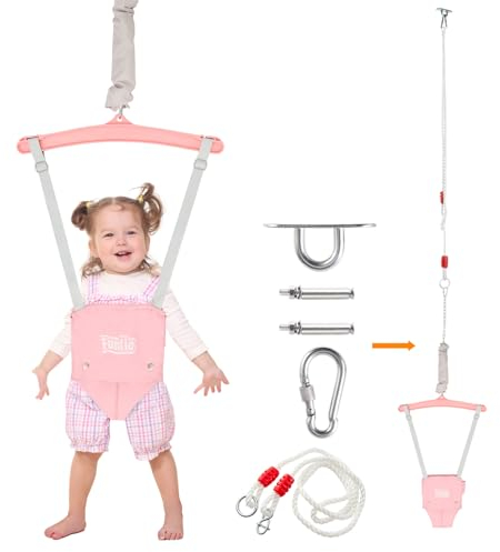 FUNLIO Altalena da Porta con Gancio da Soffitto per Neonati per 6-24 Mesi, Altalene Saltare Su per Neonati per Giochi Indoor/Outdoor, con Catena Regolabile, Facile da Montare e Riporre - Rosa