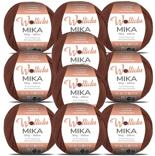Wollidu Mika 51% Polyacryl 49% Baumwolle zum Häkeln und Stricken 10x 50g/165m Oeko-Tex Strickgarn Häkelgarn - Braun