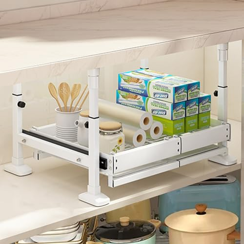 WMLBK Teleskopschublade Schrankauszug Korb Kombisystem,2 Etagen Kohlenstoffstahl Unterschrankregal Küchen Schrankauszug Verstellbar in Länge und Höhe für Küchenschrank (Schwarz, 1 Etagen)