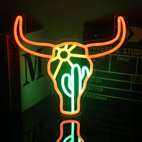 Letrero de neón con diseño de cactus y sol de Texas Longhorn, luces de neón para dormitorio, paisaje occidental, letrero LED, cabeza de vaca, luces de neón, letreros de vaquero naranja para pared,
