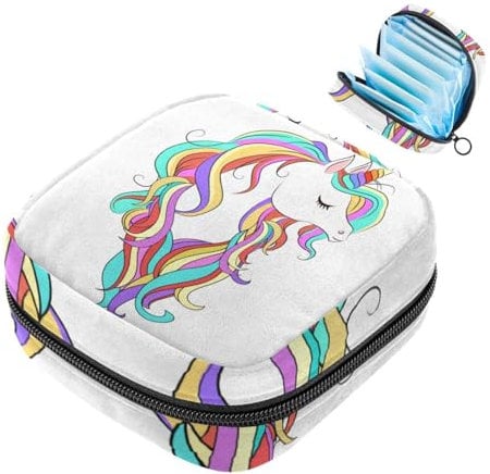 Süße Einhorn-Aufbewahrungstasche für Damenbinden, große Menstruationstassentasche mit Reißverschluss, Periodeneinlagen, Tasche, Slipeinlagen, Tampons für Mädchen und Frauen