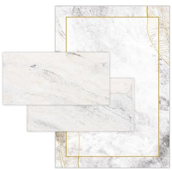 Briefpapier-Set 50 Designpapier DIN A4 + 50 Umschläge DIN-lang haftklebend Marmor grau Papier Goldene Tropische Blättern beidseitig beschriftbar und bedruckbar Frühlingspost Kommunion Konfirmation