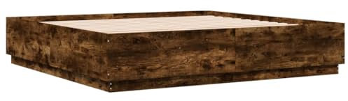 vidaXL Cadre de Lit avec Lumières LED, Lit Double avec Sommier à Lattes, Lit Adulte de Chambre, Moderne, Chêne Fumé 200x200 cm Bois Ingénierie