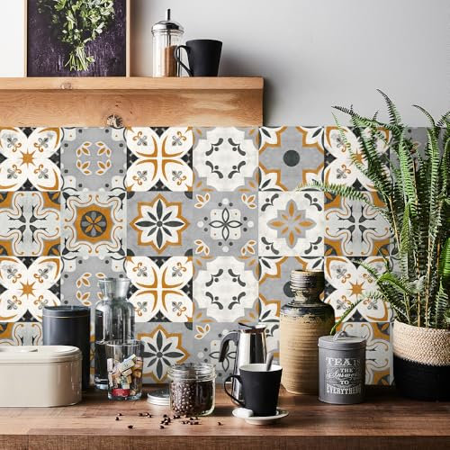 HORIWE Adesivi per piastrelle, vintage, 24 pezzi, autoadesivi, impermeabili, per cucina, bagno, armadio, mobili, tavolo