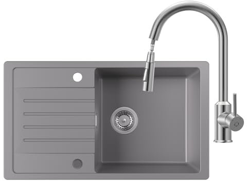 CECIPA Fregadero Cocina 1 Seno y Grifo Cocina con Ducha, 78 x 45 cm, Fregadero Cocina Gris, Fregadero Sobre Encimera Instalación Reversible, con Sifón Classic y Rebosadero