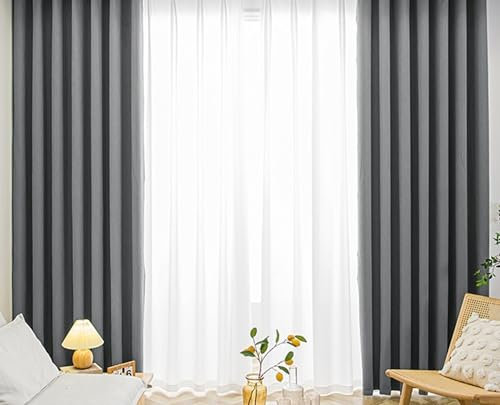 KnSam 2er Set Dunkel Grau Vorhang Gardinen Abdunkeln, Verdunkelungsvorhang Kinderzimmer Mädchen Einfarbig, Polyester Ösen Vorhang Blickdicht mit Muster, Jeder B 107 x H 138cm