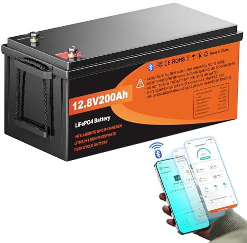 Bateria Litio Bluetooth12V 200Ah,Batería Recargable Lifepo4,Baterías de Ciclo Profundo,Batería Coche 2560Wh con Sistema BMS Protección Inteligente,más de 15000 Ciclos para Sistema Barco,Hogar,Camper