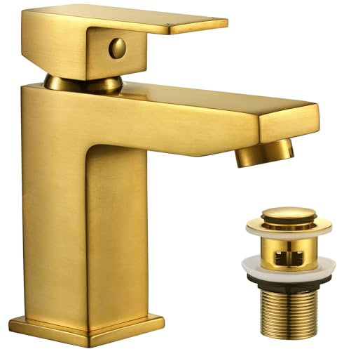 Gold Basin Taps Mixers Bathroom Sink Taps with Pop Up Waste, Square Bathroom Taps Monoblock Single Lever Bathroom Mixer Tap with Basin Drain for Bathroom, Washroom, Cloakroom, Brushed Gold