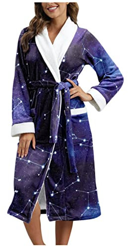 Morgenmantel Damen Lang Verlängerter Bademantel für Damen, warm, modisch, langärmelig, Winter, weich, Bedruckt, Bademantel, Nachtwäsche, Pajiamas Leichte Bademäntel Damen Bademantel (Navy, XL)