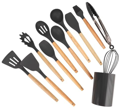 12Pcs Kitchen Utensil Set,Silicone Cooking Utensils with Holder,Nonstick Cookware Tongs Spatula Spoon Set,Silicone Utensils with Wooden Handle,Kitchen Cooking Tools,Heat Resistant,Easy to Clean