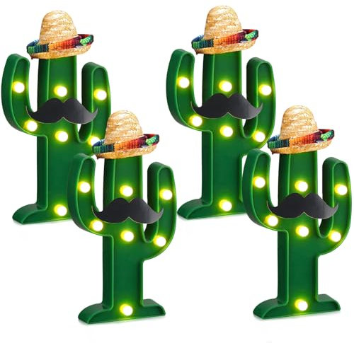 Kittmip 12 luces LED de cactus del Cinco de Mayo con mini sombrero, sombreros de paja y barba falsa, decoración de mesa del Cinco de Mayo, suministros de fiesta mexicana para mesa, habitación