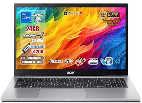 Acer Aspire 3, Notebook con Processore Intel Core i7-1255U, RAM 24GB DDR4, SSD 512GB PCIe NVMe, Display 15,6 FullHD LED, Scheda Grafica Intel Iris Xe, Windows 11, Pronto all'uso.