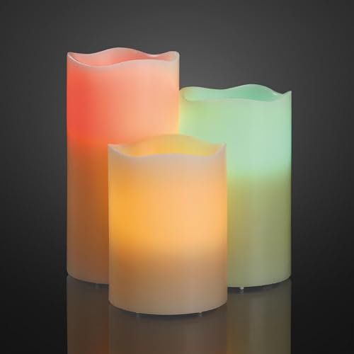 hellum LED Kerzen 3er Set RGB indoor, LED Kerzen mit Timerfunktion, mit Fernbedienung, batteriebetrieben 9xAAA (nicht inkl.) in verschiedenen Größen 10/12,5/15x7,5cm (HxØ) 152678