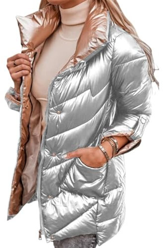 Doudoune d'hiver Chaude Et Brillante pour Femmes Col Montant Veste épaissie Imperméable Et Chaude De Couleur Unie Veste Coupe-Vent Décontractée en Plein Air (Argent,S)