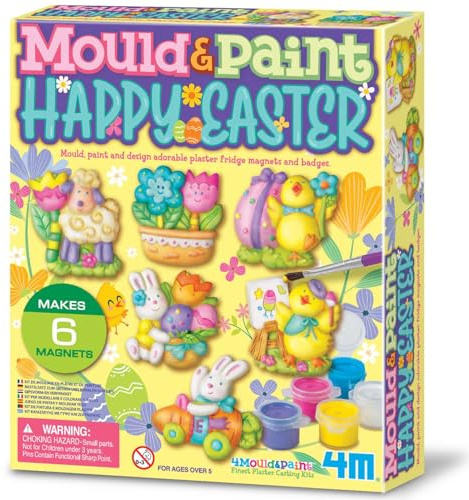 4M Mould & Paint Happy Easter Kit, Make Bunny, Egg & Chick Magnets | Spring Clay Magnet Making Kit, Plaster Modelling Clays, Paint & Paintbrush Set, Art Gift for Children Age 5+