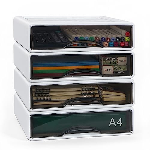 4 Stück Schreibtisch Schubladenbox A4, Stapelbar Schubladen Organizer, Büro Aufbewahrungsbox mit Schublade für Schul Heim Büro Bedarf Schreibwaren