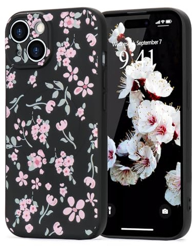 Wirvyuer Magnetisch für iPhone 14 Hülle Rosa Blumenmuster,Schwarz | Kompatibel mit MagSafe, Handyhülle mit rosa Blumenmuster, Silikon Schutzhülle für Frauen Mädchen, Cute Flower Case