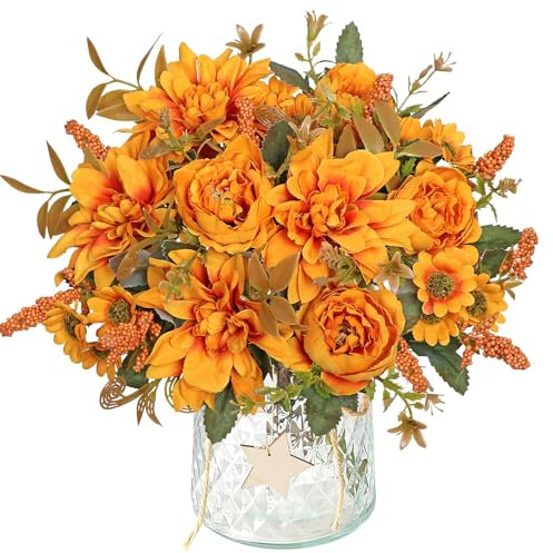 DEMIUKO Lot de 2 Bouquets de Fleurs Artificielles Dahlias Orange Bouquet de Pivoines Fleurs Roses en Soie Marguerites Plantes Floral Décoration pour Mariage Fête Floral Maison Cuisine Vase