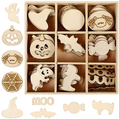 Operitacx 72 Stück Halloween Holz Deko in Sortierbox, Unbemalte Holzscheiben zum Basteln mit Kindern, Holzfiguren (Kürbis, Geist, Fledermaus) als Tischdeko Streudeko & Mitgebsel, ca. 3cm