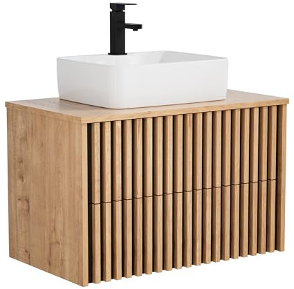 UEV Waschtisch mit Unterschrank, Waschbeckenunterschrank 61cm/81cm Badmöbel Set, Natur (Natur mit Waschbecken, 81 x 46 x 51,8cm(B x T x H))
