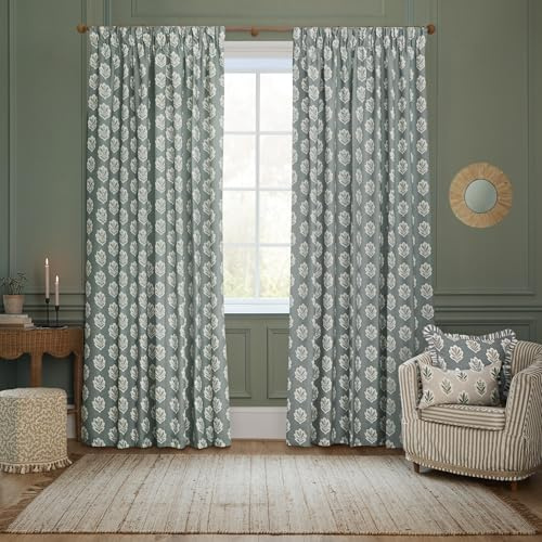 Sanderson Sessile Leaf Room Darkening Pencil Pleat Curtain Pair – Lined Botanical Oak Leaf Drapes (Delph Blue - 229x183cm)