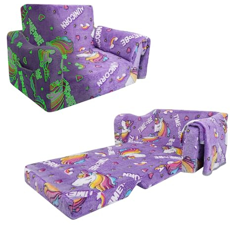 Ausklappbar Kindersofa 2-in-1 Weiche Kinder Extra Groß im Dunkeln Leuchtet | Relaxsessel Ausklappbar im Dunkeln Leuchtet Kindersessel für Mädchen Jungen zum Spielen Lesen Geburtstagsgeschenk