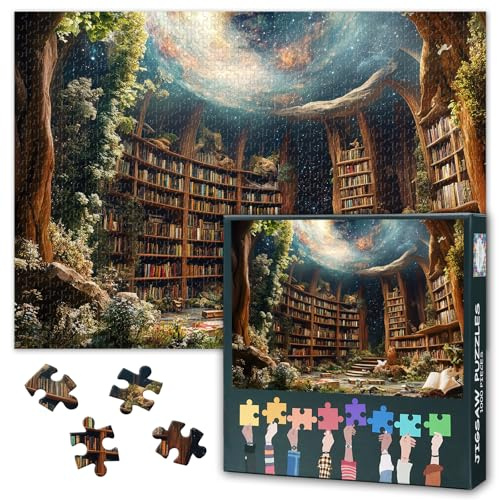 Magische Buch-Puzzles, magische Bibliothek voller Bücher, mit einem atemberaubenden Galaxie-Motiv auf dem Deckel Puzzle für Erwachsene 1000 Teile, unmögliche Puzzles für Erwachsene, 50 x 70 cm
