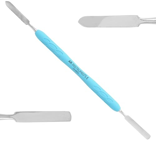 AR INSTRUMED Silicone Coated Mixing Spatula 5mm, Stainless Steel Cosmetic Spatula, Double-Ended Wax Carving Tool, Light Blue Soft Grip