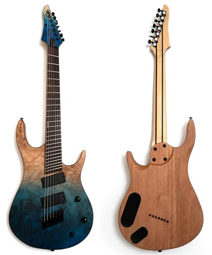 Guitarra eléctrica mejorada de 7 cuerdas de 25.5 a 27 pulgadas, cuerpo sólido de traste abanico con trastes extra jumbo de acero inoxidable, cuello de 5 piezas estilo tostado, parte superior de álamo