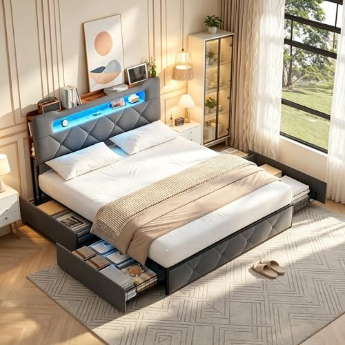 PerGar Polsterbett 140 x 200 mit USB-LED-Kopfteil, Doppelbett mit 4 Schubladen, Jugendbett Boxspringbett mit Stauraum, Stauraumbett Bettgestell mit Lattenrost, Samt, Ohne Matratze, Beige