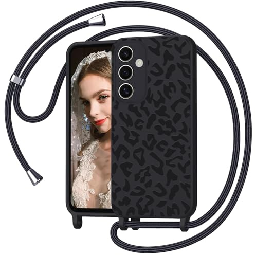Mosoris Coque pour Samsung Galaxy A55 avec Cordon, Étui de Motif léopard Silicone Liquide, Souple Antichoc Housse avec Collier, Étui Case de Protection pour Samsung A55 5G, Noir