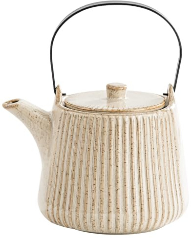 Yundu Beige Teekanne Porzellan, 1000ml Teekanne Keramik mit abnehmbarem Tee-Ei, Teesieb für losen tee, Teekanne mit siebeinsatz.
