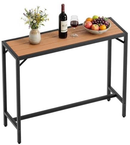 Clevich Stehtisch Wetterfest, 120 x 38 x 98 cm, Bartisch Outdoor mit verstellbaren Fußpads, Bistrotisch mit Metallgestell, Hochtisch Balkon für Küche Wohnzimmer, Gartenbar, Partytisch, Holzfarbe