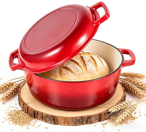 Cocotte Fonte - 26cm Rouge Faitout Marmite Four Hollandais avec Couvercle, 5,7L Dutch Oven Émaillée Compatible Induction, Gaz, Four, Casserole pour Braiser Ragoûts Rôtir Pain