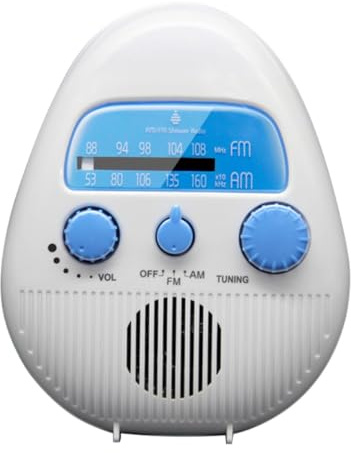 Duschradio Kleiner Tragbar mit Fm/am Empfang, Weiß | Abs Gehäuse, Lautstärkeregler, für Dusche und Badezimmer, Kompakte Ausführung