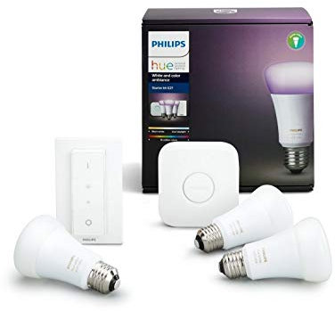 Philips Hue White & Colour Ambiance Starter Kit: Smart Bulb 3x Pack LED [E27 Edison Screw] incl. Dimmer Switch and Bridge. Works with Alexa, Google Assistant and Apple HomeKit.