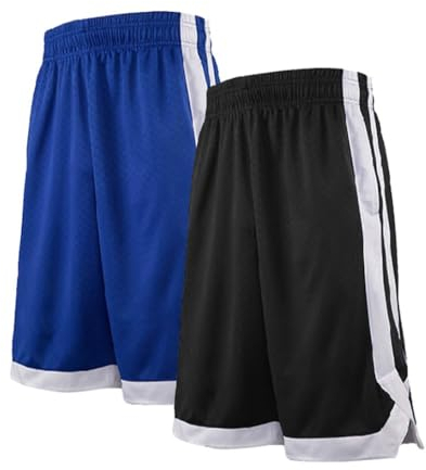 TopTie 2 Stück Herren Sport Shorts, Basketball Trainingsshorts Kurze Sporthose mit Taschen-Schwarz/Blau-XXL