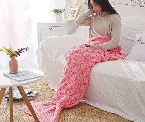 Meerjungfrauendecke Mermaid Schwanz Blanket 195 cm Fischschwanz, Meerjungfrau Häkeln Decke Sofa Schlafdecke Schlafsack kuschelig warm rosa Decke