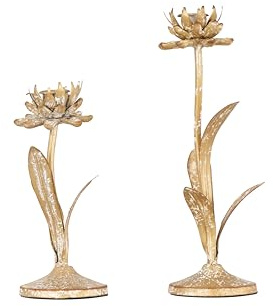 Creative Co-Op Cut Metal Flower Shaped Taper Candle Holder in Distressed Gold Finish (Set of 2 Sizes)