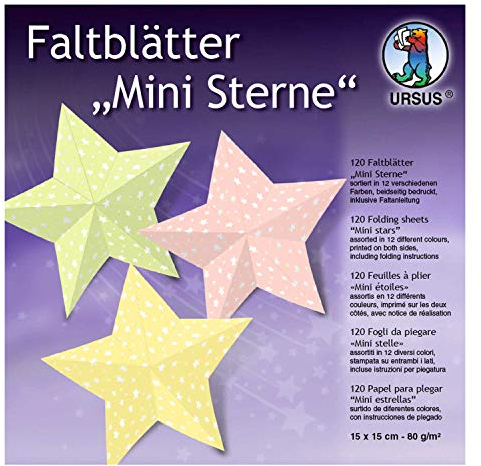 Ursus 3025599F - Faltblätter Mini, 120 Blatt 80 g/qm 15 x 15 cm, in 12, Vorderseite mit Sternen Bedruckt, Rückseite einfarbig, inklusive Faltanleitung