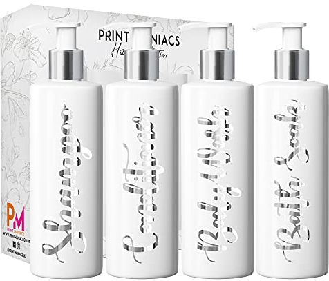 Print Maniacs Mrs Hinch Inspired White Personalised Pump Bottles Bathroom Kitchen Set Shampoo Conditioner (Silver)