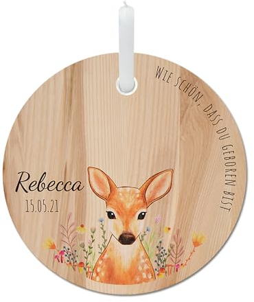 LOOXIS Personalisierter Geburtstagsteller für Kinder mit Namen Bedruckt – 20 cm Durchmesser, inkl. Kerze, Eschenholz – Geschenkidee Jungen, Mädchen, Geburt, Taufe, Kindergeburtstag – REH