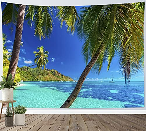 LB 235x180cm Wandteppich Grüne Palme Wandtuch Blaues Meer Wandbehang Tropische Insel landschaft Tapisserie für Wohnzimmer Schlafzimmer Wohnheim Wanddeko