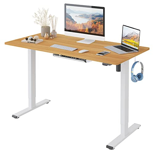 FlexiSpot Höhenverstellbarer Schreibtisch Basic–Mit Kabelmanagement, Haken und EINTEILIGER Tischplatte, Ergonomischer Homeoffice-Tisch, Bürotisch (120x60cm, Ahorn)