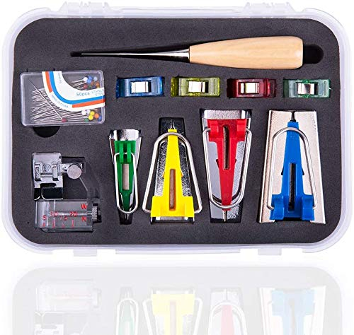 Namvo Bias Tape Maker Kits Tool Set, 4 Sizes Bias Tape Maker with Sewing Awl, Bead Needles, Adjustable Binder Clip, Wooden Awl, Foot Press-Practical for Sewing/Quilting
