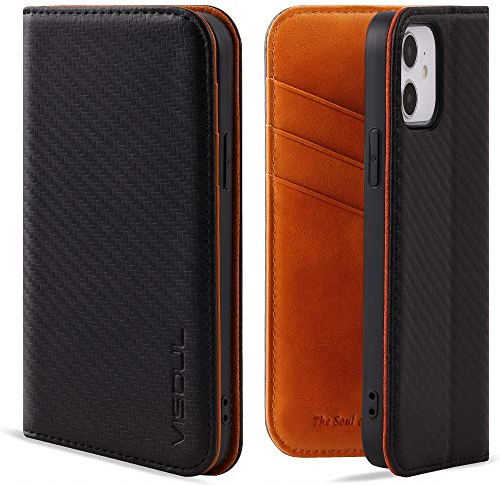 VISOUL iPhone 12 Mini Hülle, Handyhülle iPhone 12 Mini Echtleder [3 Kartenfächer] [Verdichtes TPU] [Magnet] [Stand], RFID Stoßfeste Schutzhülle Kompatibel für iPhone 12 Mini 5G 2020 (5,4) Orange