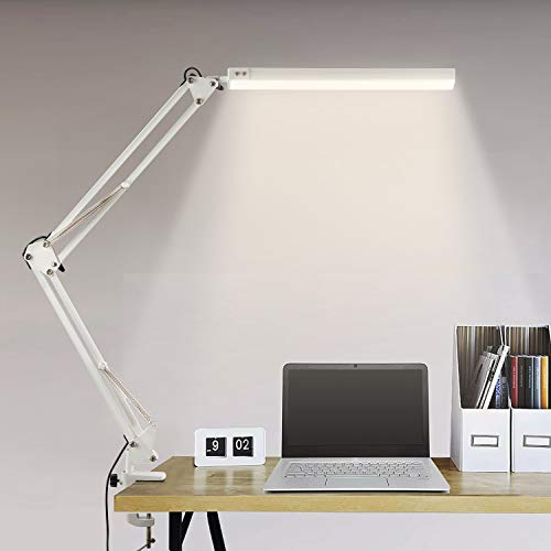 BIENSER Schreibtischlampe LED Klemmbar, 1100LM Schwenkarm Architektenlampe, Büro Tischlampe mit 3 Farb und 10 Helligkeitsstufen, Augenschutz Klemmlampe, Memory-Funktion, Inklusive 5V/2A Netzstecker