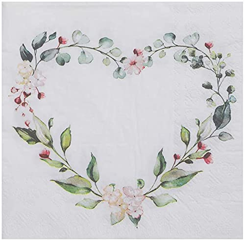 Servietten BOTANICAL Blumen-Herz Blüten & Eukalyptus Servietten mit Blätter-Ranke Herz weiß & grün Tisch-Dekoration Hochzeit Hochzeits-Deko Zubehör & Accessoires (20, Botanical Blumenherz)
